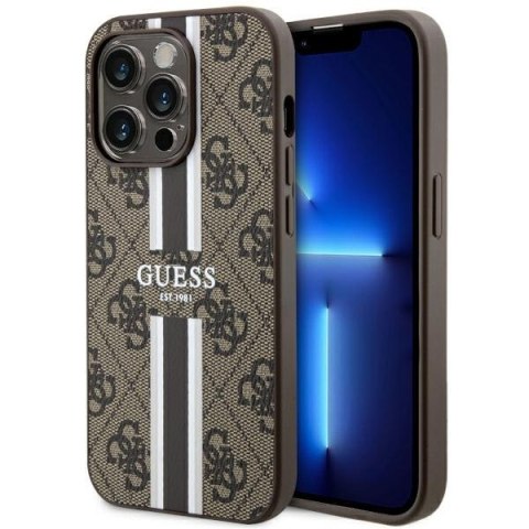 Etui iPhone 14 Pro Max Guess 4G Printed Stripes MagSafe brązowe