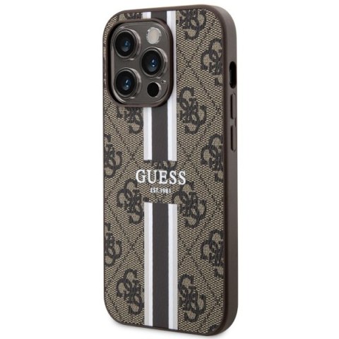 Etui iPhone 14 Pro Max Guess 4G Printed Stripes MagSafe brązowe