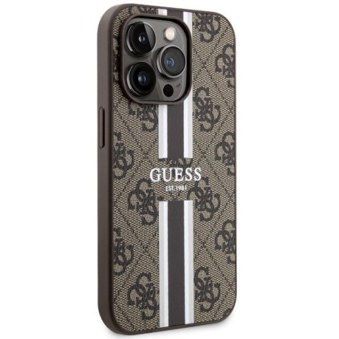 Etui iPhone 14 Pro Max Guess 4G Printed Stripes MagSafe brązowe