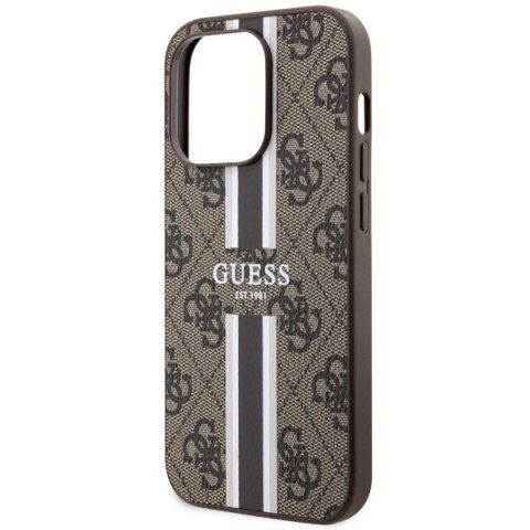 Etui iPhone 14 Pro Max Guess 4G Printed Stripes MagSafe brązowe