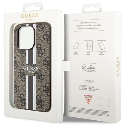 Etui iPhone 14 Pro Max Guess 4G Printed Stripes MagSafe brązowe