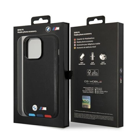 Etui na telefon iPhone 14 Pro BMW czarne Leather Stamp Tricolor