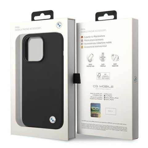 Etui na telefon iPhone 14 Pro BMW czarne Silicone z metalowym logo