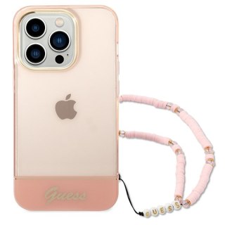 Etui na telefon iPhone 14 Pro Guess różowe hardcase z paskiem Translucent Pearl