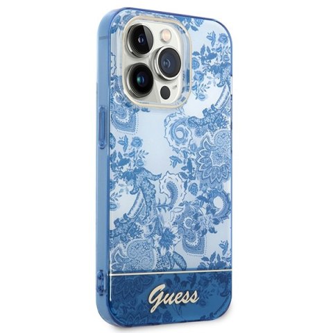 Etui na telefon iPhone 14 Pro Guess niebieskie hardcase Porcelain Collection