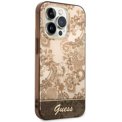 Etui na telefon iPhone 14 Pro Guess Porcelain Collection ochrowe hardcase