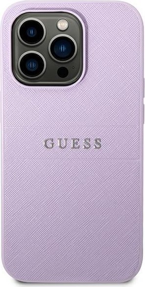 Etui na telefon iPhone 14 Pro Guess fioletowe Saffiano Strap