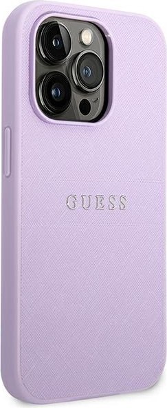 Etui na telefon iPhone 14 Pro Guess fioletowe Saffiano Strap