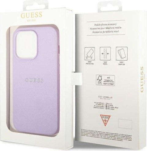 Etui na telefon iPhone 14 Pro Guess fioletowe Saffiano Strap