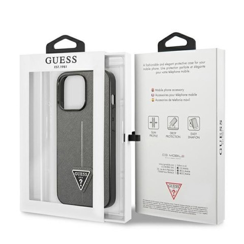 Etui na telefon iPhone 14 Pro Guess srebrne hardcase Saffiano