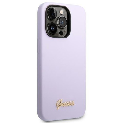 Etui na telefon iPhone 14 Pro Guess fioletowe silikonowe z logo