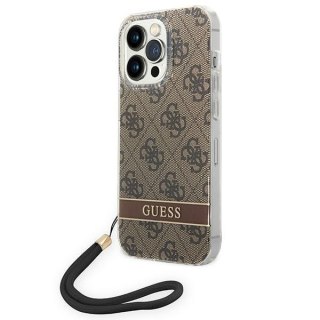 Etui na telefon iPhone 14 Pro Guess 4G Print Strap brązowe