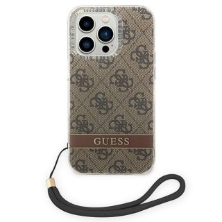 Etui na telefon iPhone 14 Pro Guess 4G Print Strap brązowe