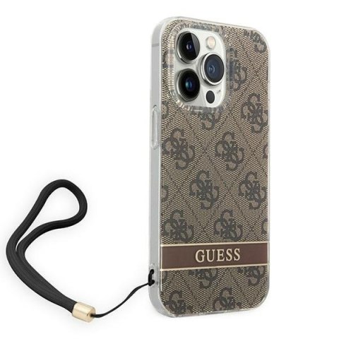 Etui na telefon iPhone 14 Pro Guess 4G Print Strap brązowe