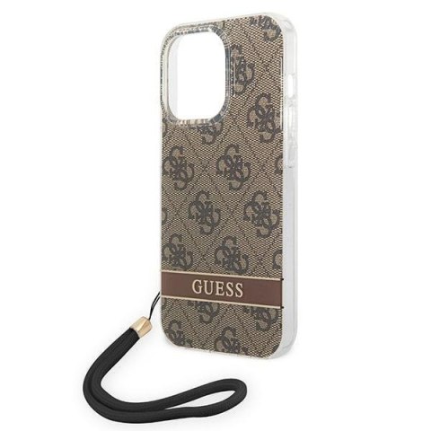 Etui na telefon iPhone 14 Pro Guess 4G Print Strap brązowe