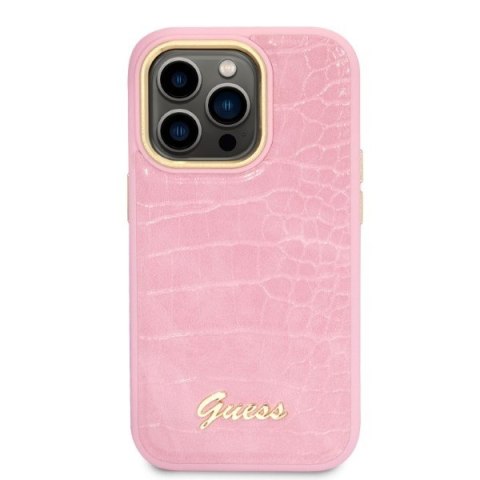 Etui na telefon iPhone 14 Pro Guess różowe hardcase Croco Collection