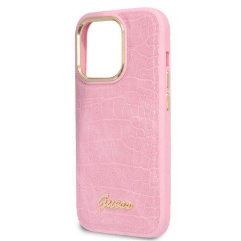 Etui na telefon iPhone 14 Pro Guess różowe hardcase Croco Collection