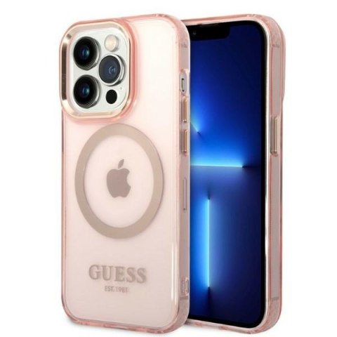 Etui iPhone 14 Pro Guess Gold Outline Translucent MagSafe różowe