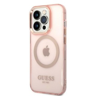 Etui na telefon iPhone 14 Pro Guess Gold Outline MagSafe różowe