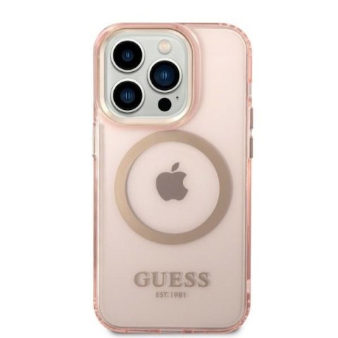 Etui iPhone 14 Pro Guess Gold Outline Translucent MagSafe różowe