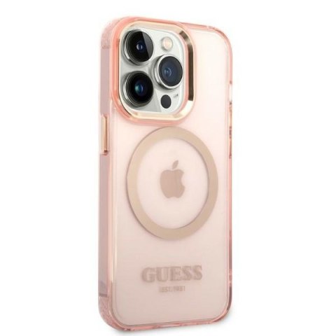 Etui iPhone 14 Pro Guess Gold Outline Translucent MagSafe różowe