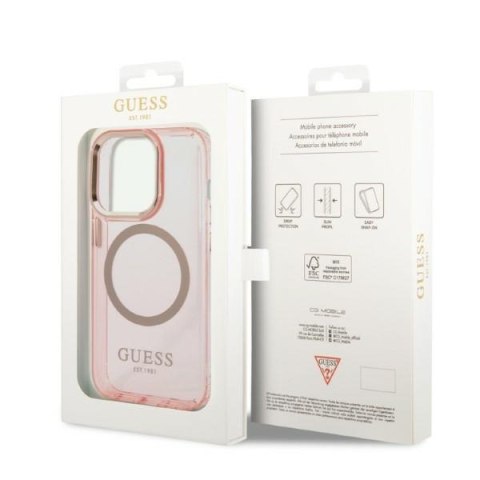 Etui iPhone 14 Pro Guess Gold Outline Translucent MagSafe różowe