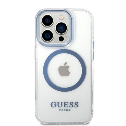 Etui na telefon iPhone 14 Pro Guess Metal Outline MagSafe niebieskie