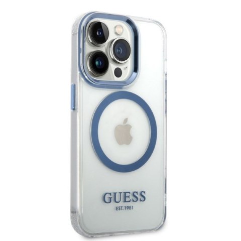 Etui na telefon iPhone 14 Pro Guess Metal Outline MagSafe niebieskie