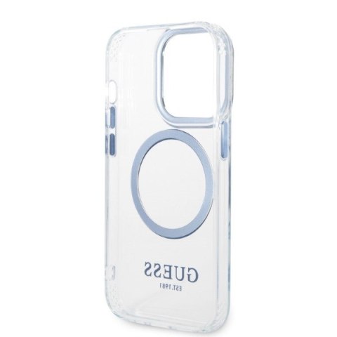 Etui na telefon iPhone 14 Pro Guess Metal Outline MagSafe niebieskie