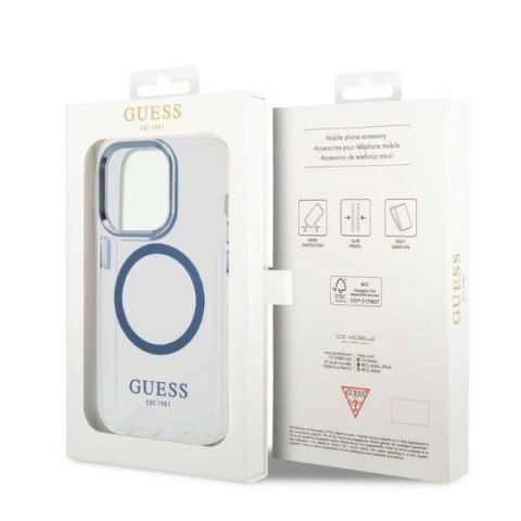 Etui na telefon iPhone 14 Pro Guess Metal Outline MagSafe niebieskie