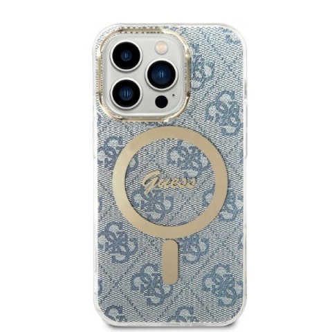 Zestaw etui + ładowarka bezprzewodowa Apple iPhone 14 Pro Guess 4G Print MagSafe niebieski