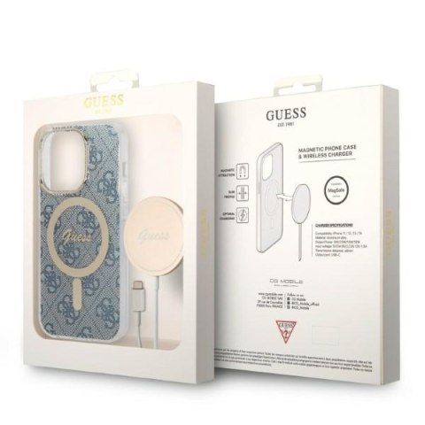 Zestaw etui + ładowarka bezprzewodowa Apple iPhone 14 Pro Guess 4G Print MagSafe niebieski