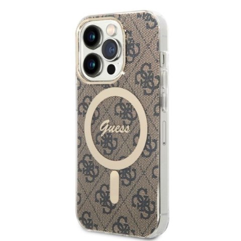 Zestaw etui + ładowarka bezprzewodowa Apple iPhone 14 Pro Guess 4G Print MagSafe brązowy