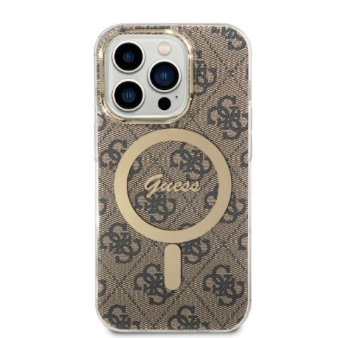 Zestaw etui + ładowarka bezprzewodowa Apple iPhone 14 Pro Guess 4G Print MagSafe brązowy