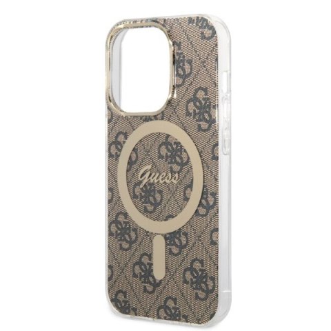 Zestaw etui + ładowarka bezprzewodowa Apple iPhone 14 Pro Guess 4G Print MagSafe brązowy