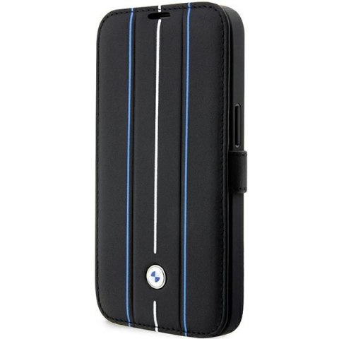 Etui iPhone 14 Pro BMW bookcase Leather Stamp Blue Lines czarny