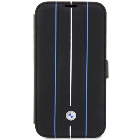 Etui iPhone 14 Pro BMW bookcase Leather Stamp Blue Lines czarny