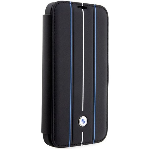 Etui iPhone 14 Pro BMW bookcase Leather Stamp Blue Lines czarny