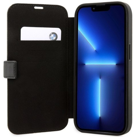 Etui iPhone 14 Pro BMW bookcase Leather Stamp Blue Lines czarny