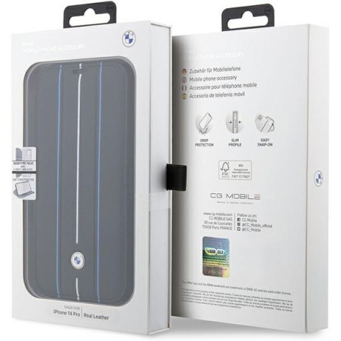 Etui iPhone 14 Pro BMW bookcase Leather Stamp Blue Lines czarny