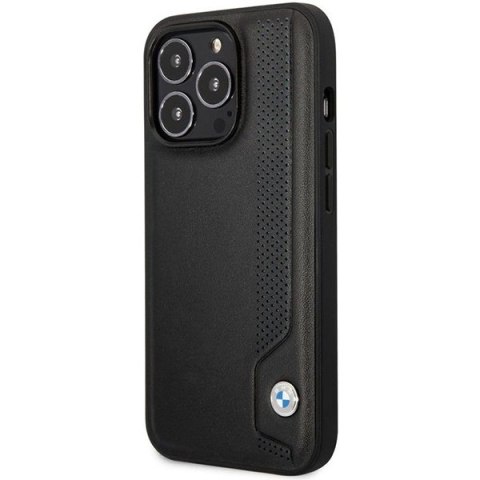 Etui na telefon iPhone 14 Pro BMW czarne hardcase skórzane Blue Dots