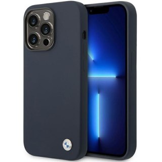 Etui na telefon iPhone 14 Pro BMW granatowe z silikonem i metalowym logo