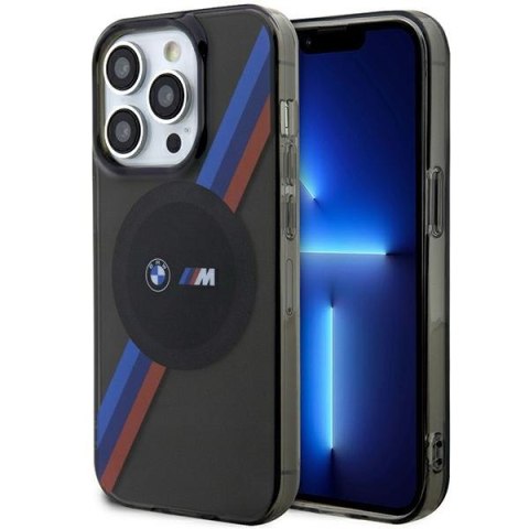 Etui na telefon iPhone 14 Pro BMW Tricolor Stripes MagSafe szare