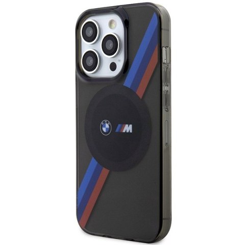 Etui na telefon iPhone 14 Pro BMW Tricolor Stripes MagSafe szare