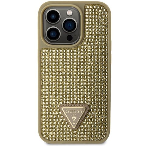 Etui na telefon iPhone 14 Pro Guess złote hardcase Rhinestone Triangle