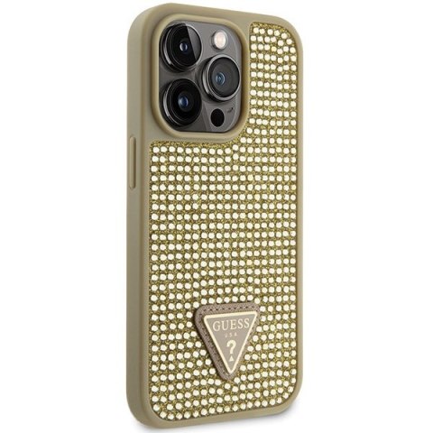 Etui na telefon iPhone 14 Pro Guess złote hardcase Rhinestone Triangle