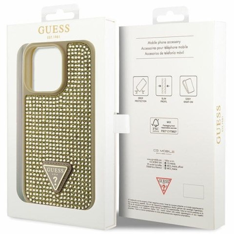 Etui na telefon iPhone 14 Pro Guess złote hardcase Rhinestone Triangle