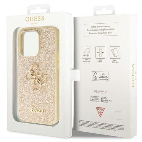 Etui na telefon iPhone 14 Pro Guess złote Glitter Script Big 4G