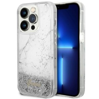 Etui na telefon iPhone 14 Pro Guess białe hardcase Liquid Glitter Marble