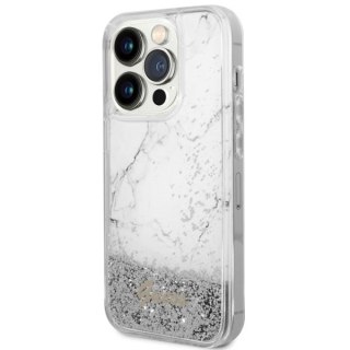 Etui na telefon iPhone 14 Pro Guess białe hardcase Liquid Glitter Marble